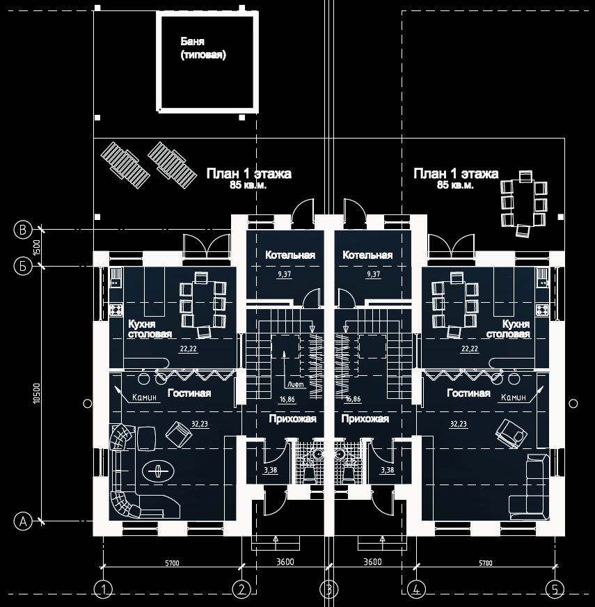План 1 этажа дома на 2 семьи