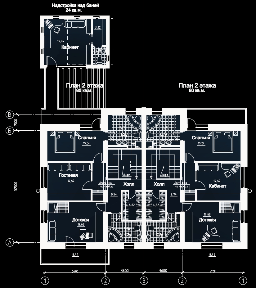 План 2 этажа дома на 2 семьи